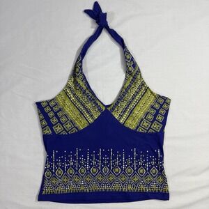 Vtg 90s Y2K Q&A Women's Blue And Green Halter Tank Top Size XL 95% Cotton
